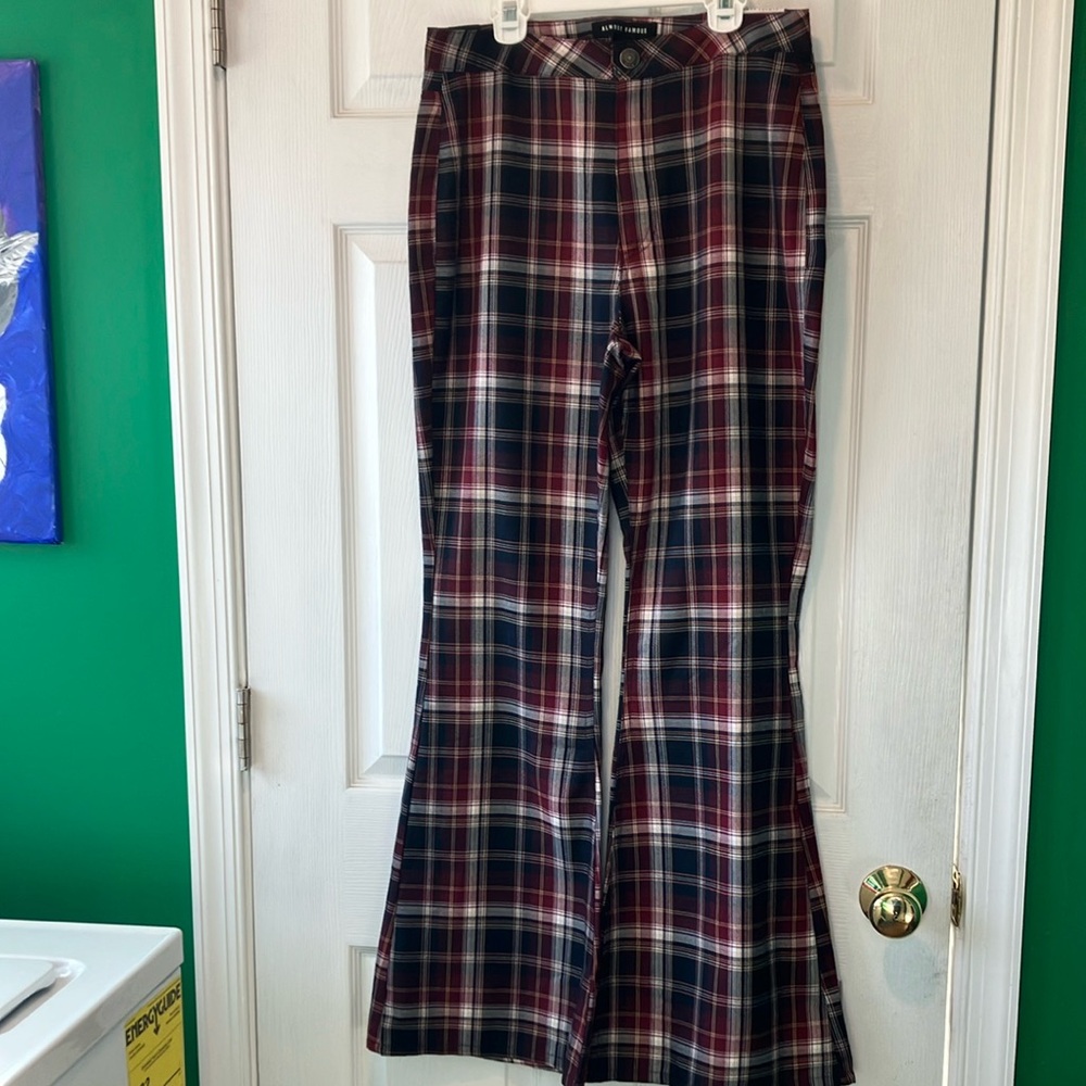 Plaid Flare Pants NWT maroon navy size 7 almost famous 90s retro grunge revival